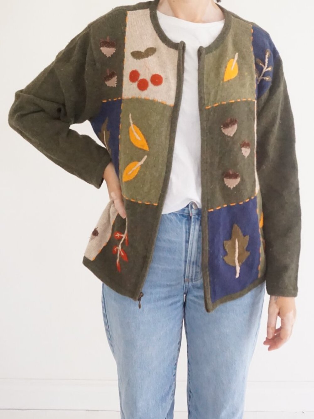 Vintage Croft And Barrow Olive Leaf Acorn Berry Nature Zip Front Knit Cardigan L